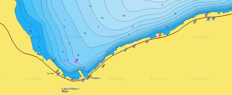 To open Navionics chart of moorings at the restaurant piers in Polac Bay