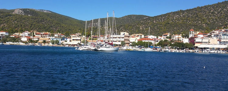 Yacht moorings in Korfos. Sofiko Bay. Saronkos Gulf.