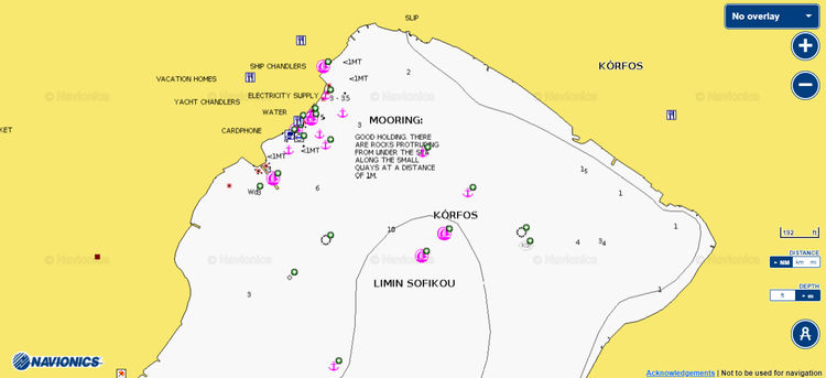 To open Navionics chart of yacht moorings in Korfos. Sofiko Bay. Saronikos Gulf. Greece.