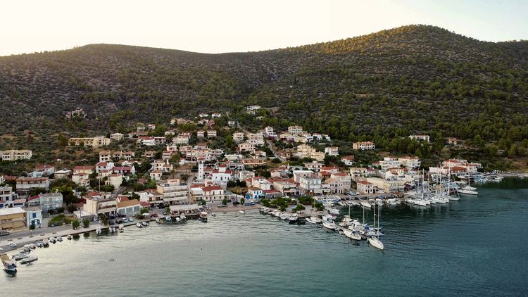 Yacht moorings in Korfos. Sofiko Bay. Saronkos Gulf.