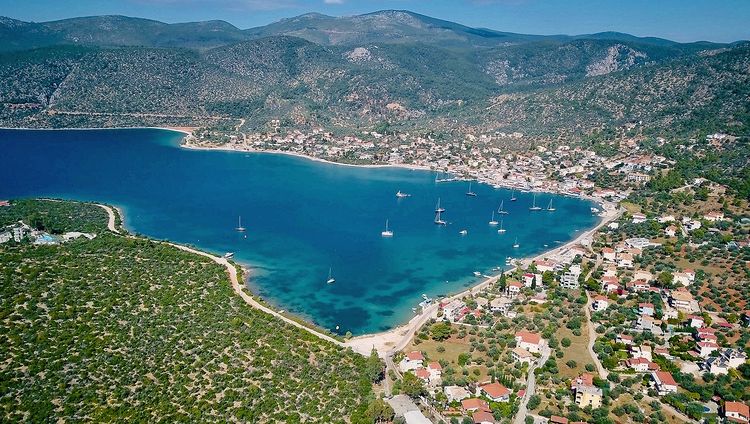 Yacht moorings in Korfos. Sofiko Bay. Saronkos Gulf.