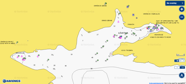 To open the Navionics chart of yacht anchorages in Levita Bay. Levita Island. Dodecanese. Greece