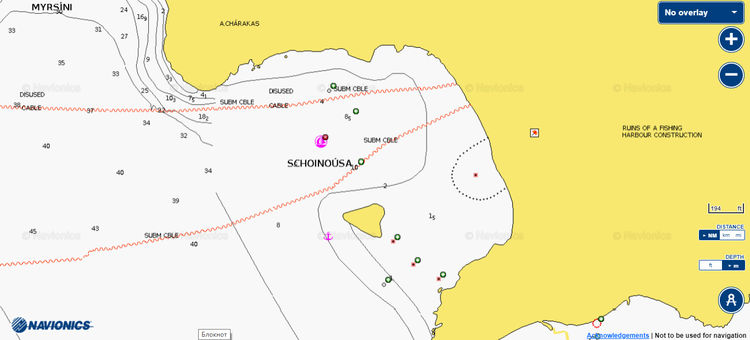 To open Navionics map of yacht anchorages in Tsiguri Bay on Schinoussa Island. Cyclades. Greece