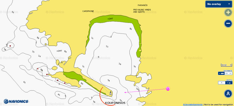 To open Navionics chart of yacht moorings in Parianos fishport. Low Koufonissia island. Cyclades. Greece