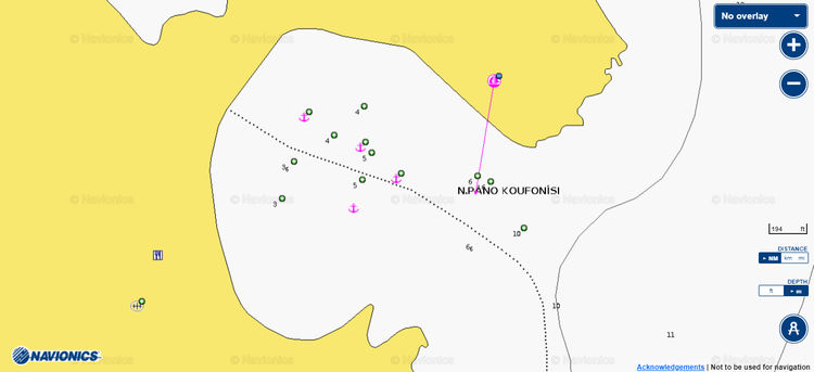 To open Navionics chart of yacht anchorages in the East Bay of Upper Koufonissia Island. Cyclades. Greece