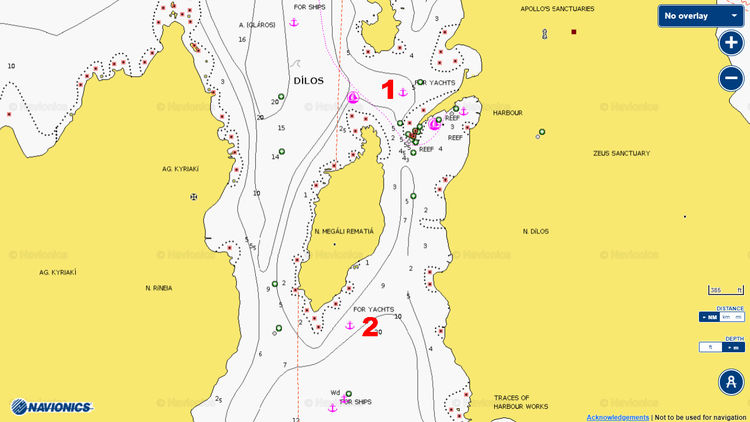 To open Navionics chart of yacht anchorages near Dilos Island. Cyclades. Greece