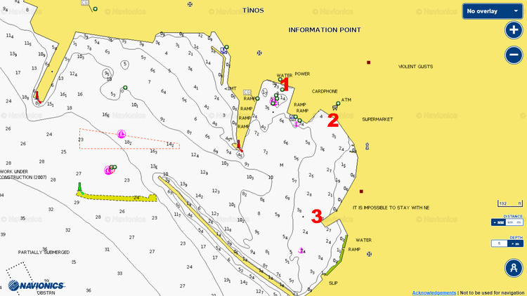 To open Navionics chart of yacht mooring in Tinos Harbor. Cyclades. Greece