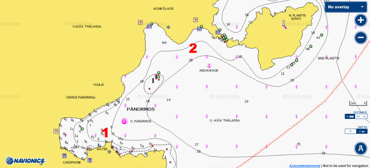 To open Navionics chart of yacht moorings in Panormos. Tinos Island. Cyclades. Greece