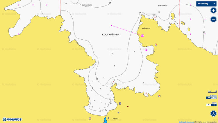 To open Navionics chart of yacht anchorages in Kolympithra Bay on Tinos Island. Cyclades. Greece