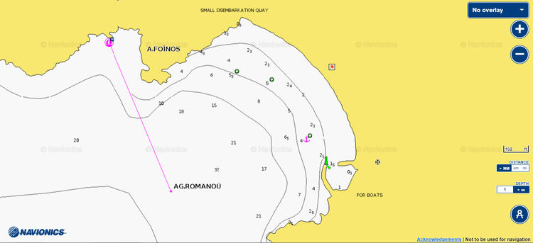 To open Navionics chart of yacht anchorages in Romanos Bay on Tinos Island. Cyclades. Greece