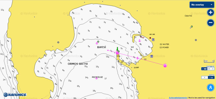 To open Navionics chart of yacht moorings in Batsi Fishport. Andros Island. Cyclades. Greece