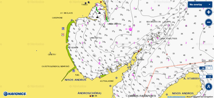 To open Navionics chart of yacht moorings in Kastro bay on Andros island. Cyclades. Greece