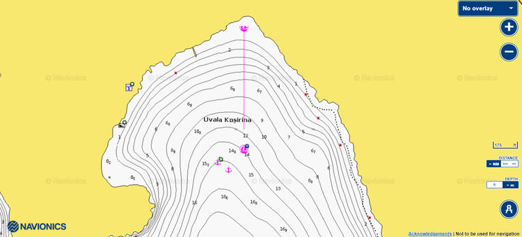 To open Navionics chart  of yacht mooring on buoys and anchors in Kosirina Bay