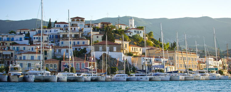 Yacht moorings in the port of Poros