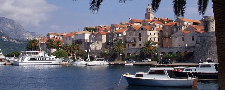 Yacht mooring at the town waterfront of Korcula.