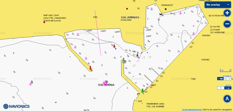 To open Navionics chart of yacht moorings in the Port of Salamina. Salamina Island. Greece.