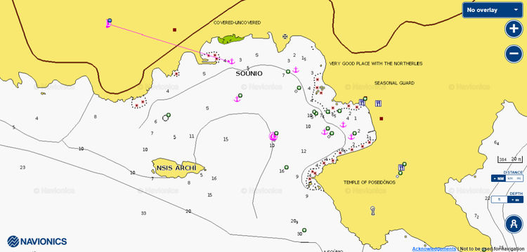 To open Navionics chart of yacht anchorages in Sounio Bay. Saronikos Gulf. Greece.