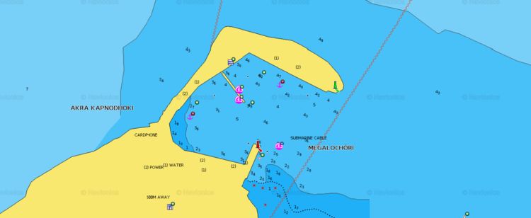 To open Navionics chart of yacht mooring in the port of Agkistri. Agkistri Island. Greece