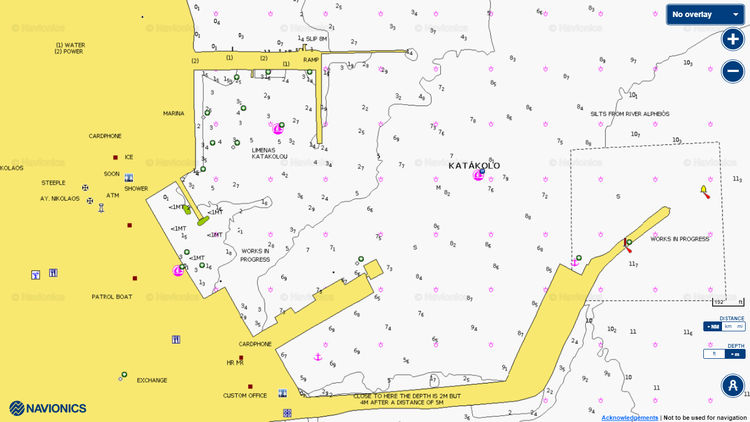 To open Navionics chart of yacht moorings in the port of Katakolon. The Peloponnese. Ionian Sea. Greece