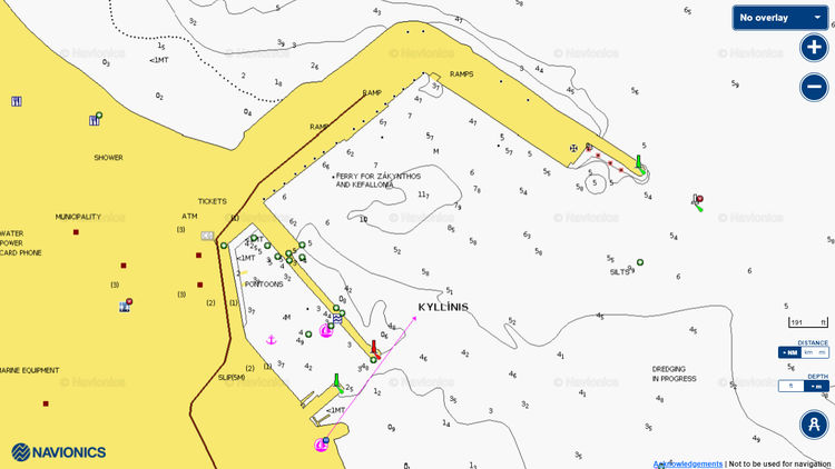 To open Navionics chart of yacht moorings in Killini harbor. Peloponnese. Ionian Sea. Greece