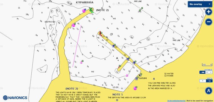 To open Navionics chart of yacht moorings in the Port of Kyparissia. The Peloponnese. Ionian Sea. Greece