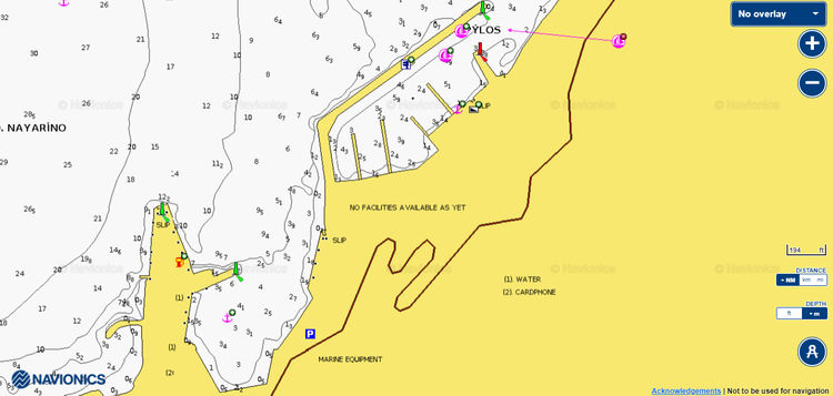 To open Navionics chart of yacht anchorages in the port and marina of Pylos. The Peloponnese. Ionian Sea. Greece