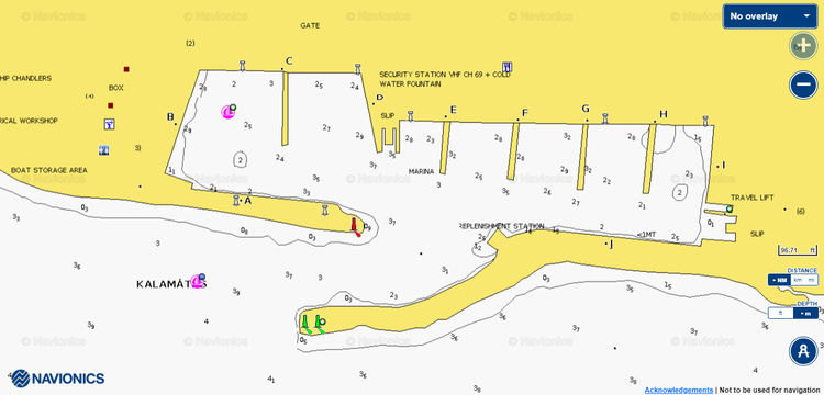 To open Navionics chart of yacht mooring in Kalamata Marina. Peloponnese. Ionian Sea. Greece