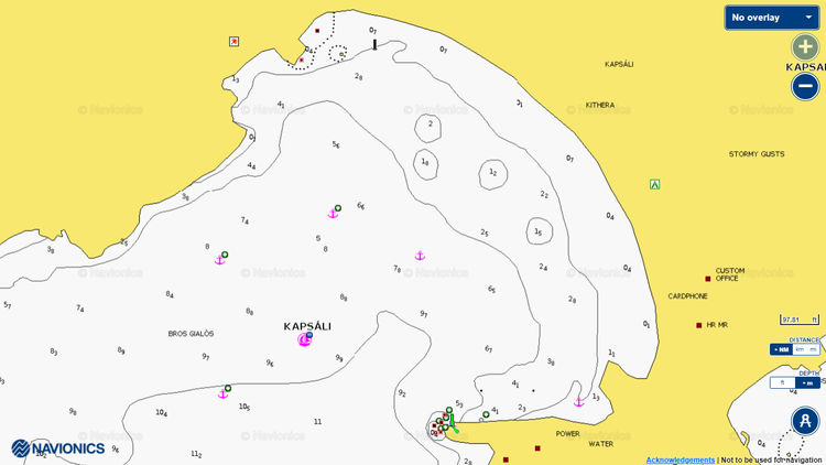 To open Navionics chart of yacht moorings in Kapsali harbor. Kythira Island. Ionian Sea. Greece