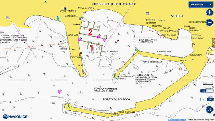 To open Navionics chart of yacht moorings in Sciacca harbor