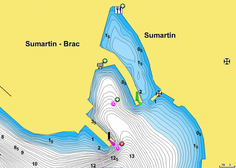 To open Navionics chart of yacht moorings in Sumartin harbor. Brac Island. Croatia