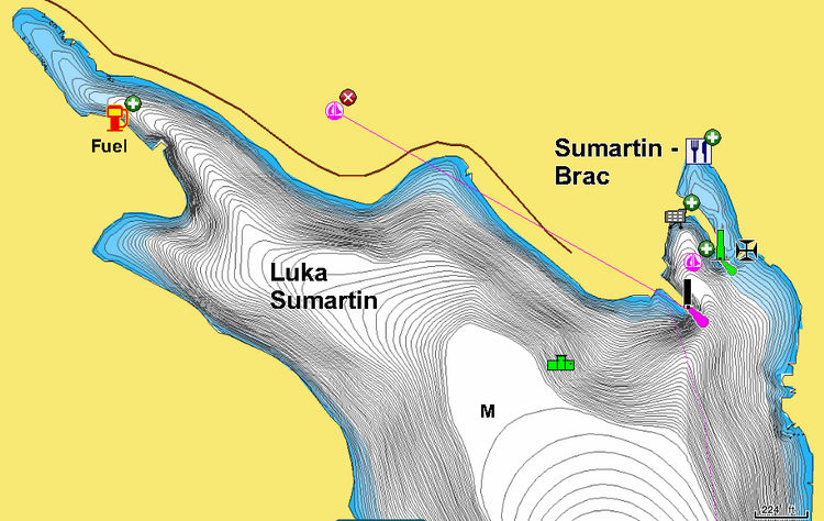 To open Navionics chart of yacht moorings in Sumartin Bay. Island of Brac. Croatia