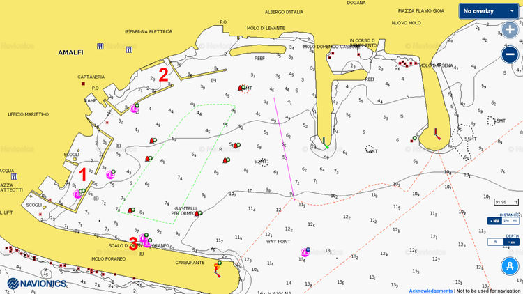 To open Navionics chart of yacht moorings on Faro piers. Amalfi.