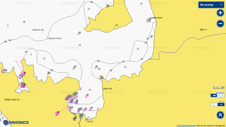 To open Navionics chart of yacht anchorages in Caraca Bay 