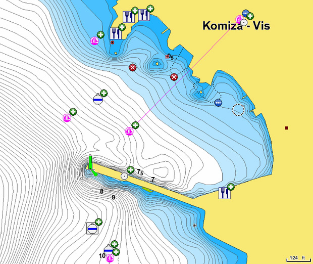 To open Navionics chart of yacht moorings in Komiza