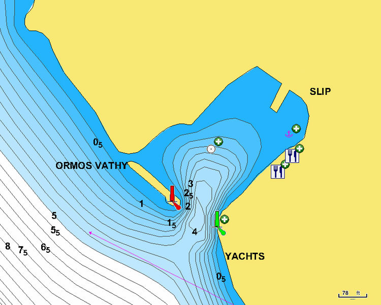 To open Navionic chart of yacht moorings in the port of Vathi on the west coast of the Methana Peninsula. Saronikos Gulf. Greece.