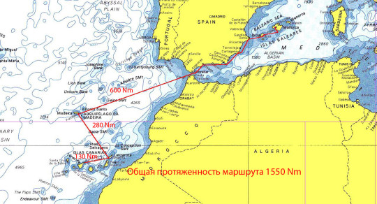 Карта маршрута перехода на парусной яхте с Канар на Балеары.