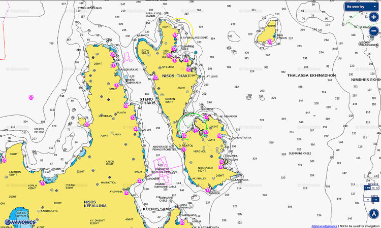 To open Navionics chart of yacht moorings on Ithaki Island. Ionian Sea. Greece.