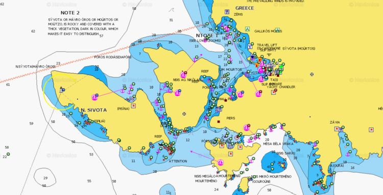 Map of yacht's moorings in the Sivota archipelago. Ionian Sea. Greece.