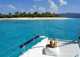 Relaxing in bean bags at Sandy Cay