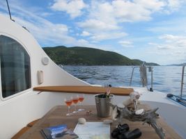 Lots of exterior space= the cockpit is a great place to lounge. There is more outdoor space on a catamaran than a much larger monohull.