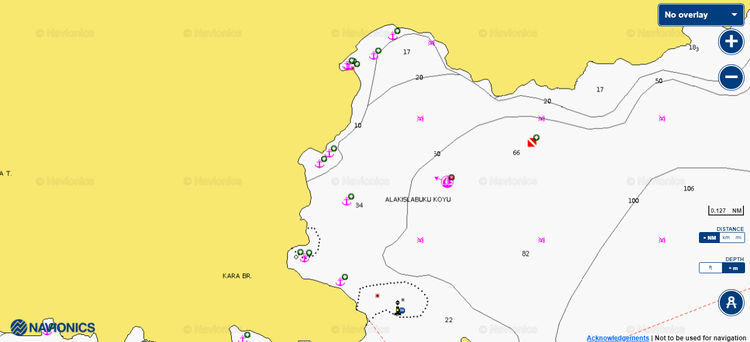 To open Navionics chart of yacht anchorages in Alaquislabuku Bay