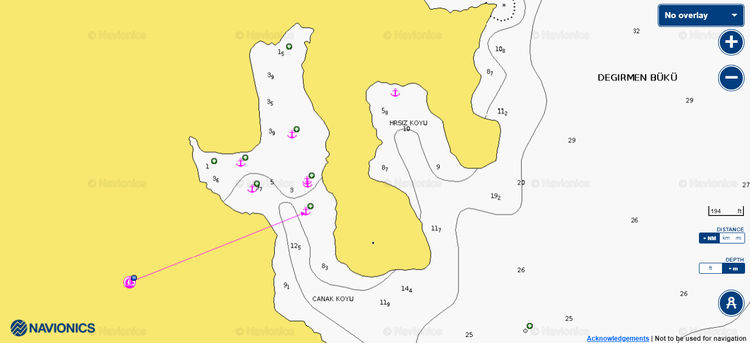 Open Navionics chart of yacht anchorages in Chanak Bay