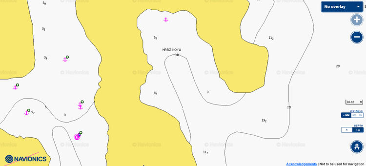 Open Navionics chart of yacht anchorages in Hirsiz Bay