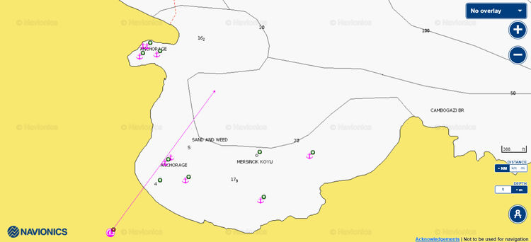 To open Navionics map of yacht anchorages in Mersincik Bay