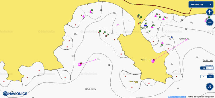 To open Navionics chart of yacht anchorages in Cifilik Bay