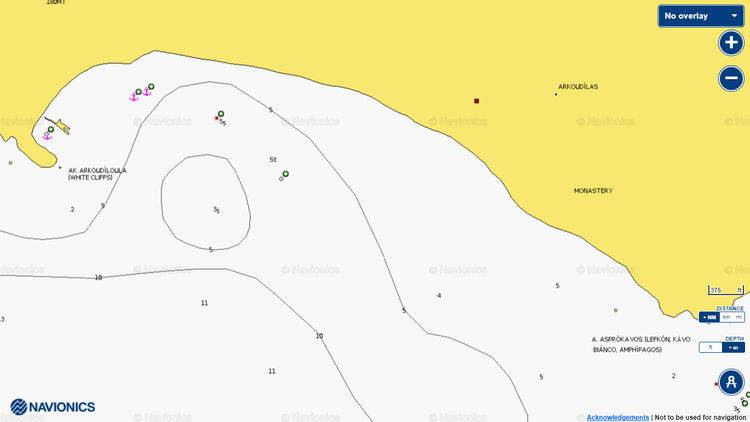 Open the Navionics map of the yacht anchorage in Akroudiloula Bay