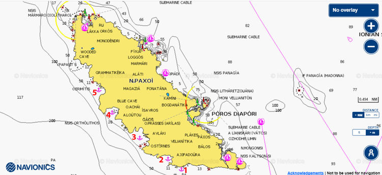 To open Navionics map of yacht anchorages at South-west coast of Paxos