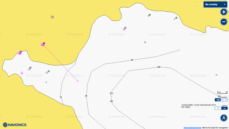 To open Navionics chart of yacht anchorages in Sarakiniko Bay