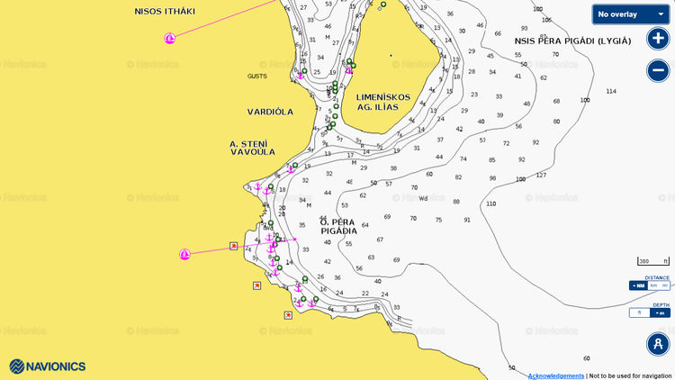 To open Navionics chart of yacht anchorages in Pera Pigadia Bay