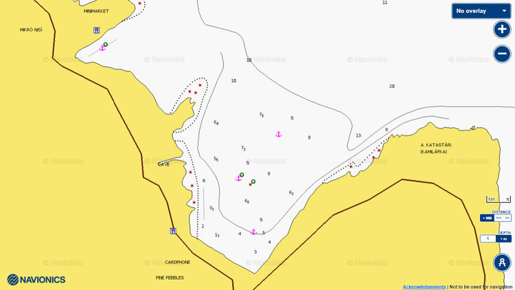 To open Navionics chart of yacht anchorages in Makrys Gailos Bay on the island of Zakynthos in the Ionian Sea of Greece